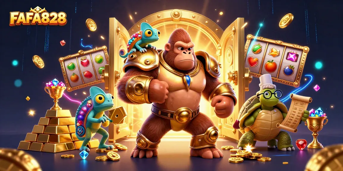 FAFA828 immerses players in an action-packed casino adventure featuring a gorilla king and treasures.