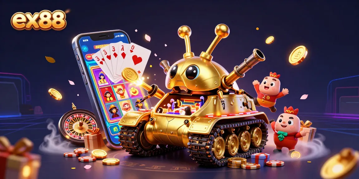 Experience the excitement of ex88 with a vibrant 3D casino featuring golden treasures and dynamic gaming elements.