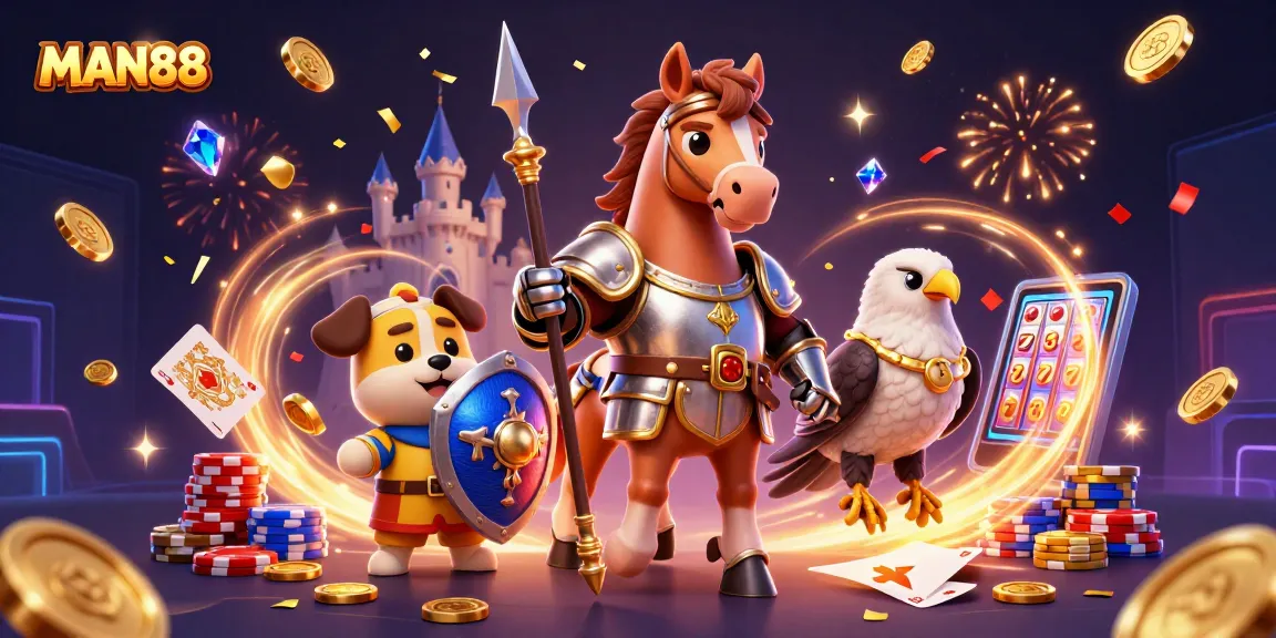 Experience exciting gameplay action at MAN88 with lively knights, sparkling gems, and golden coins!