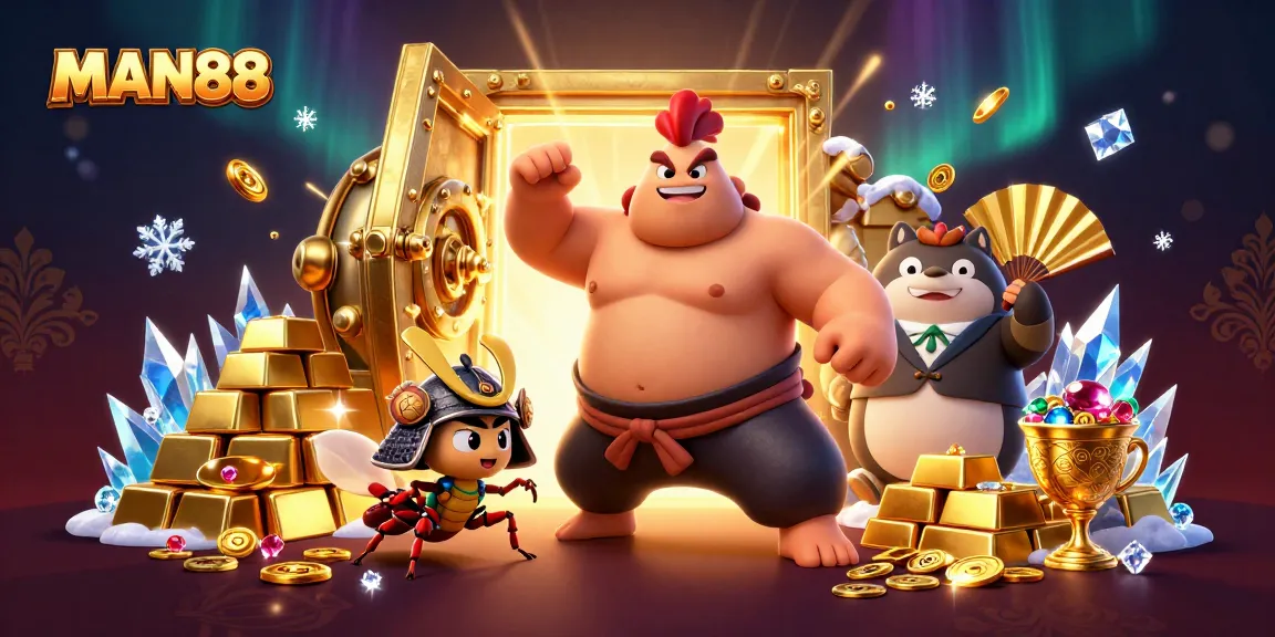 Experience thrilling wins at MAN88 with vibrant characters and opulent casino elements.