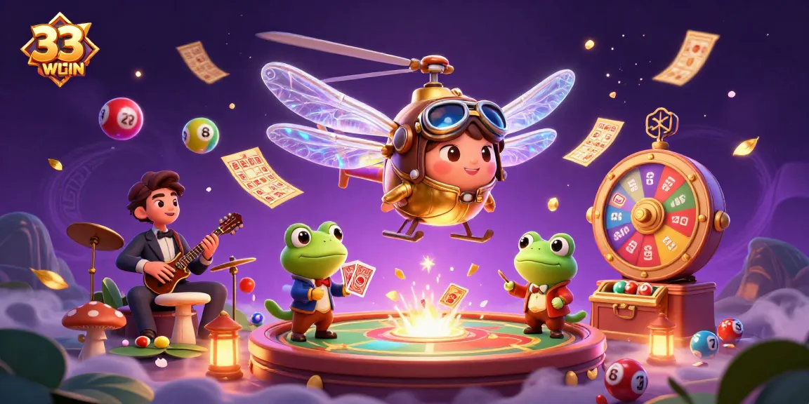 Experience the excitement of 33WIN as the dragonfly pilot flies over a lively lily pad casino.