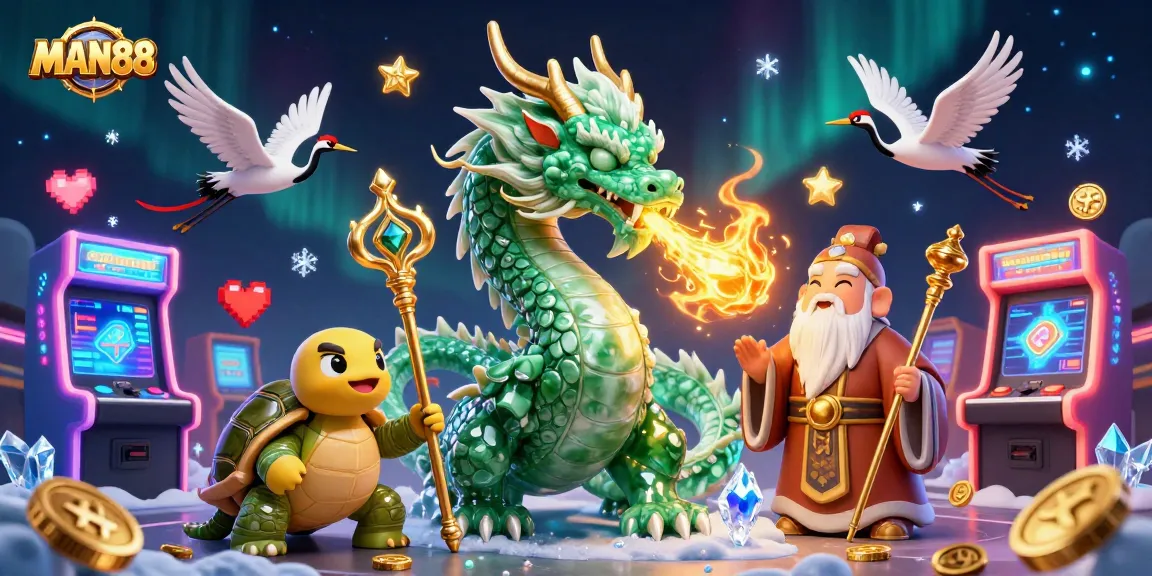 Experience MAN88 with vibrant gaming illustrations featuring a jade dragon, turtle sage, and lucky cranes.