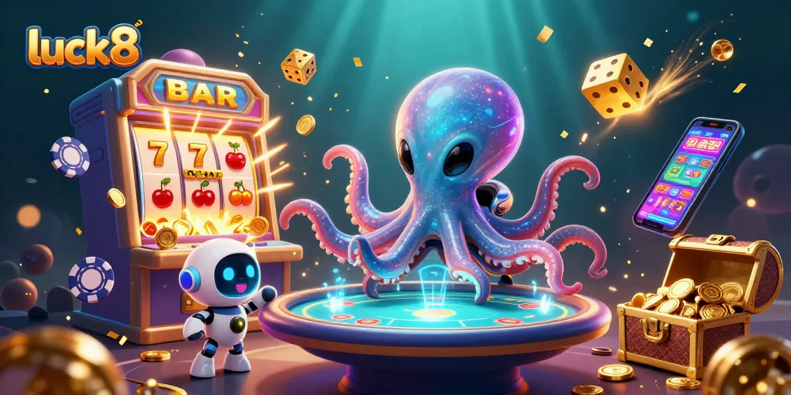 Experience thrilling gameplay at luck8 with a futuristic alien octopus running a poker game amid dazzling casino elements.