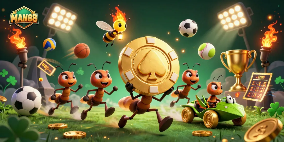Engage with MAN88 as cartoon ants joyfully run with a giant poker chip through a vibrant tunnel.
