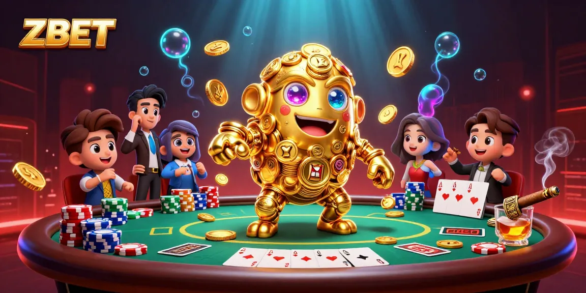 ZBET showcases an engaging 3D scene filled with action, featuring a golden golem and poker elements.