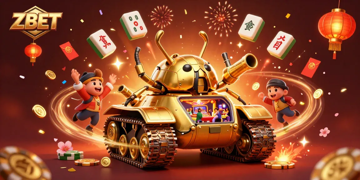 ZBET players enjoy a vibrant casino experience with golden beetle tank and festive elements.